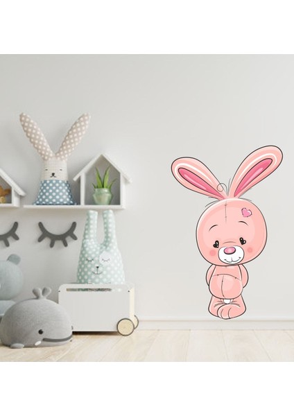 Sevimli Pembe Tavşan Çocuk Odası Duvar Sticker 40x65 cm Çok Renkli ve Düz Desenli
