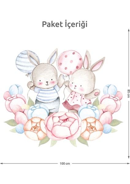 Renkli sevimli tavşanlar çocuk odası duvar stickerleri, kolay yapışkanlı ve şık dekor modelleri