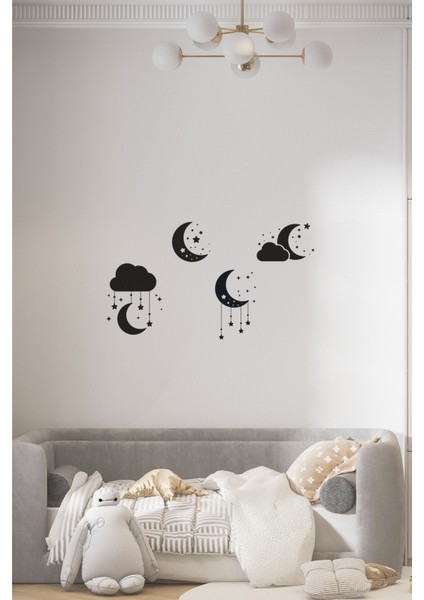 Renkli Ay ve Yıldız Temalı Çocuk Odası Duvar Stickerleri ve Aksesuarlar