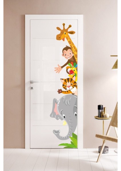 Renkli Safari Hayvanları Kapı ve Duvar Sticker Seti, eğlenceli dekorasyon için ideal