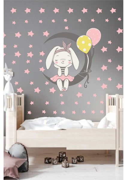 Renkli Tavşan ve Yıldızlar Çocuk Odası Duvar Stickerleri, 5+ Parça, Gri