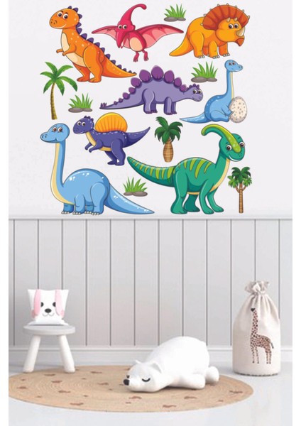 Sevimli Dinozorlar Çocuk Odası Duvar Sticker 95x95 cm, Beyaz Renk