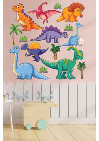 Sevimli Dinozorlar Çocuk Odası Duvar Sticker 95x95 cm, Beyaz Renk fiyatları