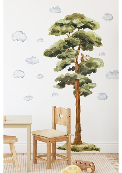 Yeşil Ağaç ve Sincap Temalı Çocuk Odası Duvar Sticker Seti, 5+ Parça, Renkli ve Eğlenceli