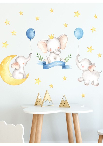 Neşeli balon, filler ve yıldızlar çocuk odası duvar süsleri seti, beyaz renk