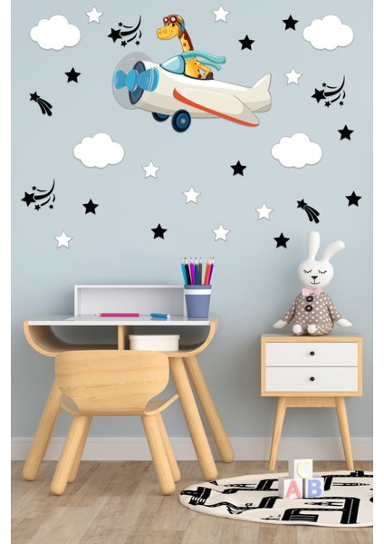Rüya gibi çocuk odası duvar stickerları, uçak, zürafa, yıldız ve bulut tasarımları