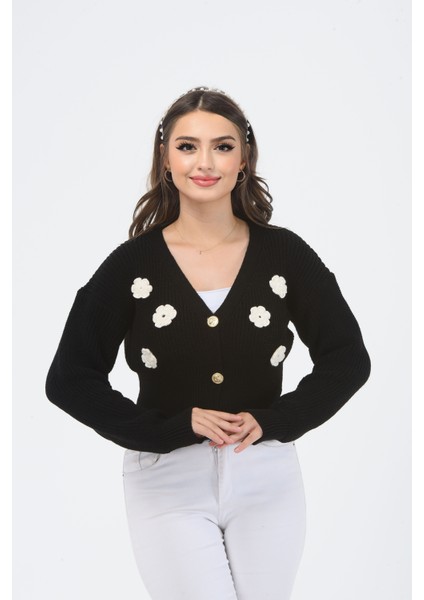 Çiçek Desenli V Yaka Crop Hırka