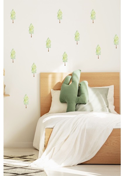 Mini Çam Ağaçları Suluboya Ağaçlar Dekoratif Duvar Sticker Seti