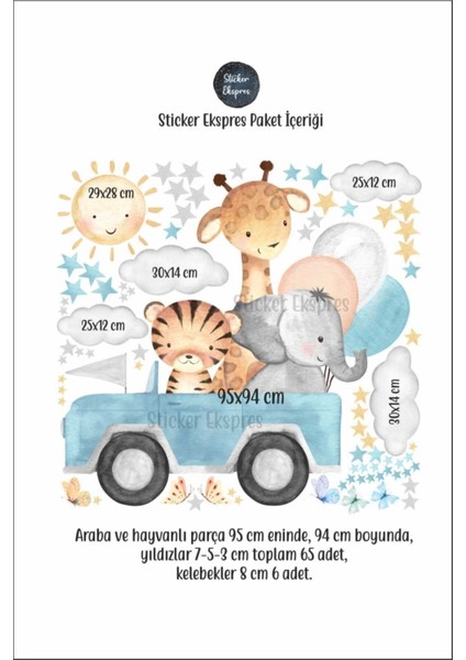 Mavi Arabada Giden Sevimli Hayvanlar Çocuk Odası Duvar Sticker Seti