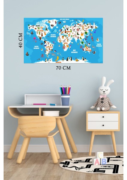 Ğitici Dünya Haritası Hayvanlar Alemi Türkçe Deko Çocuk Odası Duvar Sticker