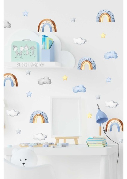 Renkli bulut ve yıldız duvar çıkartması, çocuk odası dekoru, eğlenceli ve şık tasarım