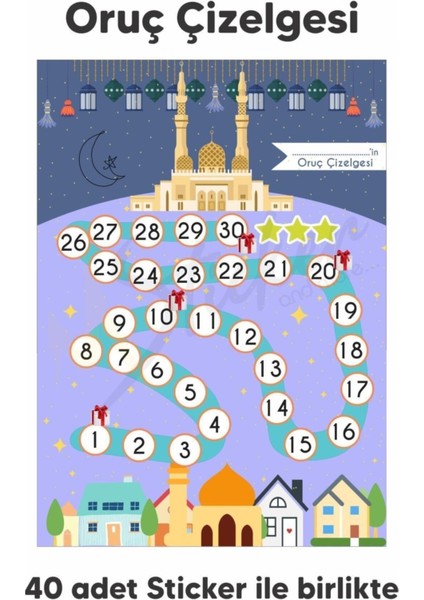 Çocuklar için Ramazan oruç çizelgesi ve süsleri, renkli ve eğlenceli stickerlerle kolay kullanımlı
