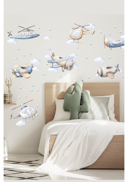 Bebek ve çocuk odası için mavi uçaklar duvar sticker seti, şık ve neşeli dekorasyon.