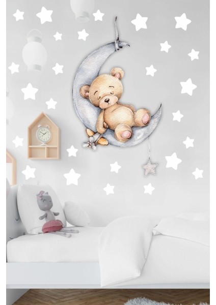Ayda Uyuyan Sevimli Ayıcık ve Beyaz Yıldızlar Çocuk Bebek Odası Sticker Seti