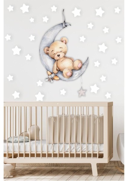 Ayda Uyuyan Sevimli Ayıcık ve Beyaz Yıldızlar Çocuk Bebek Odası Sticker Seti fiyatları