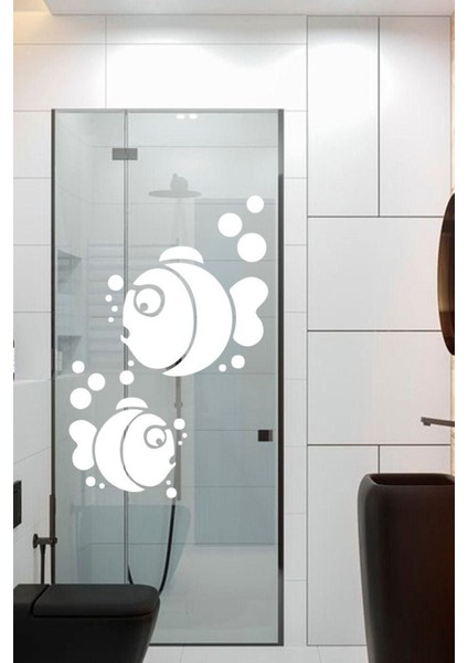 SIM387 Beyaz Duşakabin Balıkları ve Baloncuklar Dekoratif Sticker