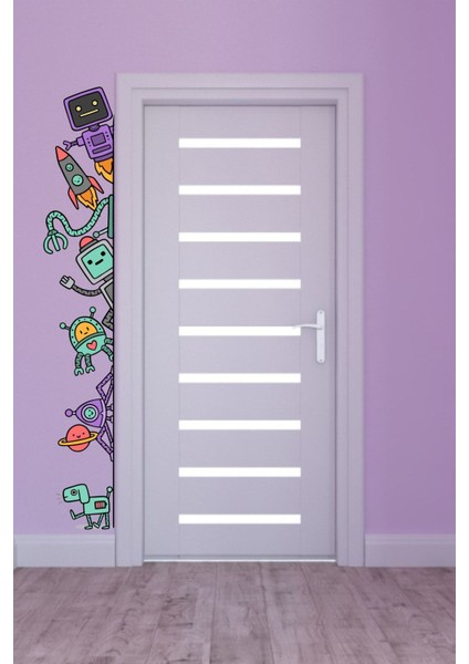 Mor renkli çocuk odası robot temalı yapışkan duvar stickerı, sade ve şık tasarım