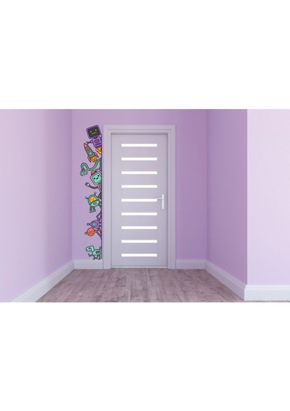 Mor renkli çocuk odası robot temalı yapışkan duvar stickerı, sade ve şık tasarım fiyatları