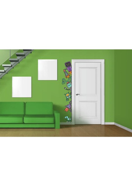 Mor renkli çocuk odası robot temalı yapışkan duvar stickerı, sade ve şık tasarım modelleri