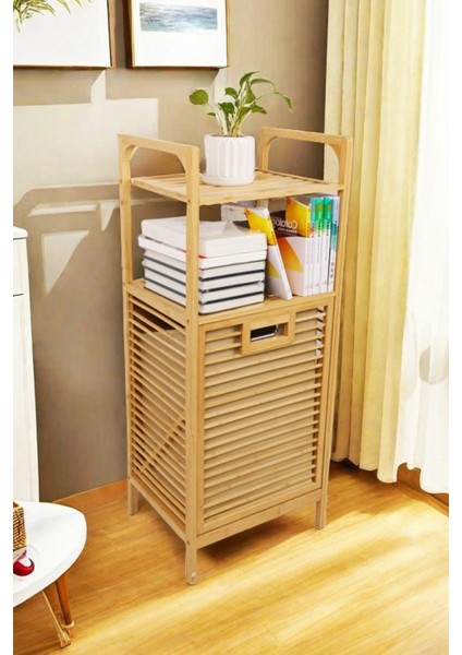 Bambu Çamaşır Sepeti Doğal Ahşap Banyo Düzenleyici Raf 2 Raflı Kirli Sepeti Banyo Mutfak Rafı