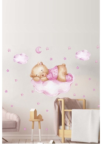 Pembe Ayıcık ve Bulutlar Duvar Stickerleri, Çocuk ve Bebek Odası Dekoru, 5+ Parça