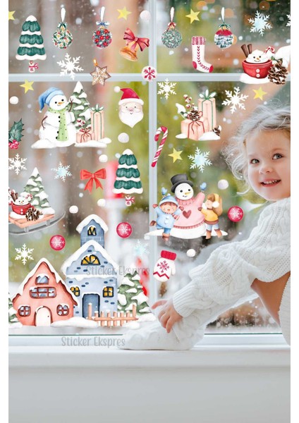 Yılbaşı ve kış temalı cam duvar sticker seti, renkli ve şık dekoratif parçalar, 5+ adet