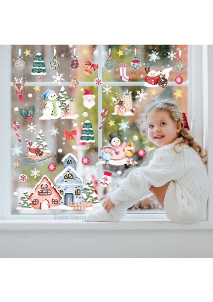 Yılbaşı ve kış temalı cam duvar sticker seti, renkli ve şık dekoratif parçalar, 5+ adet fiyatları
