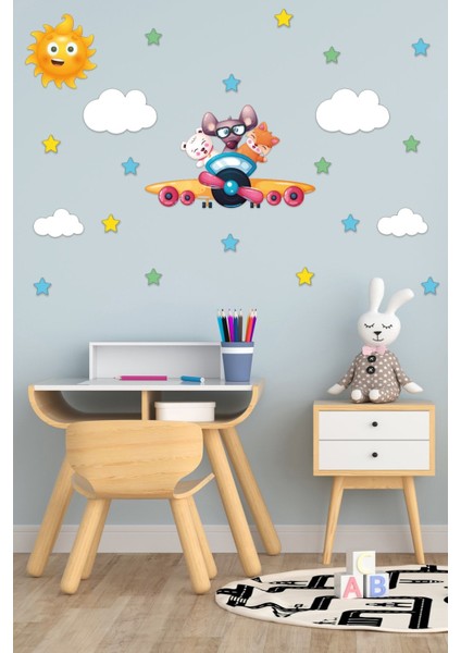 Renkli Hayvanlar ve Yıldızlar Duvar Sticker, Çocuk Odası Dekorasyonu, 1 Parça