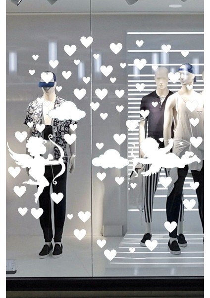 Sevgililer Günü için Renkli Cam Sticker, 14 Şubat Teması, Beyaz Dekorasyon.