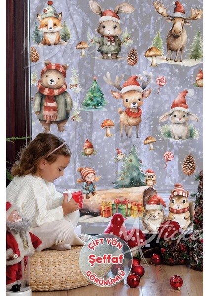 Çocuk ve doğa temalı şeffaf kış sticker seti, 5+ parça, çok renkli ve eğlenceli desenler