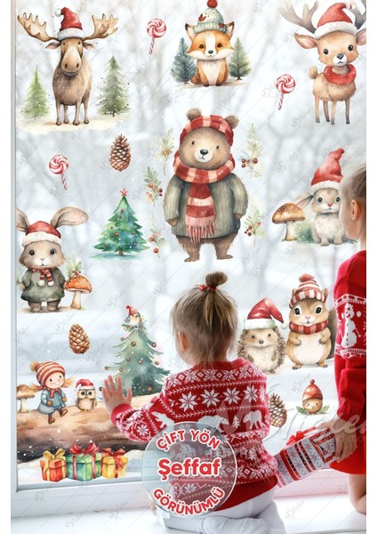 Çocuk ve doğa temalı şeffaf kış sticker seti, 5+ parça, çok renkli ve eğlenceli desenler fiyatları