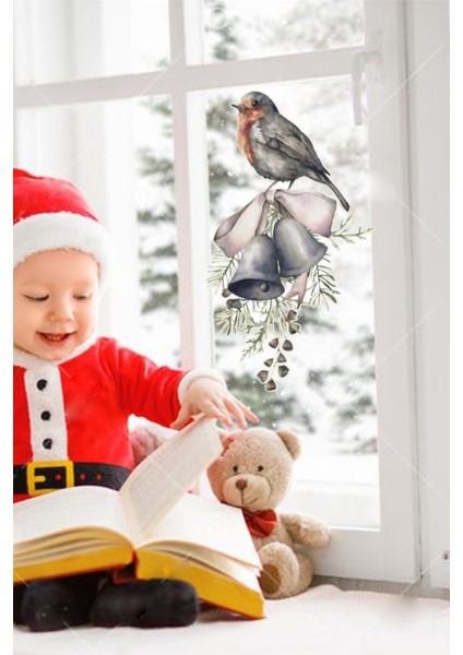 Kış ve yılbaşı temalı renkli çiçek ve kuş cam duvar sticker seti, şık dekorasyon seçeneği