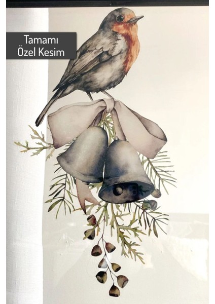 Kış ve yılbaşı temalı renkli çiçek ve kuş cam duvar sticker seti, şık dekorasyon seçeneği modelleri