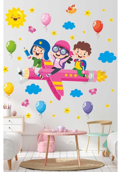 Renkli çocuk odası duvar ve kapı çıkartması seti, eğlenceli figürlerle 5+ parça