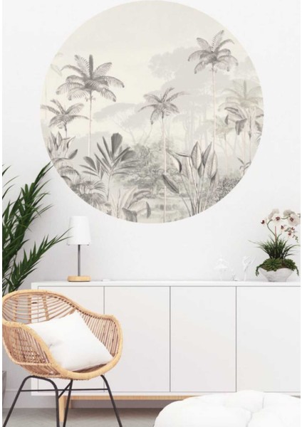 Renkli palmiye manzaralı yuvarlak duvar sticker, salon ve oturma odası dekoru için ideal