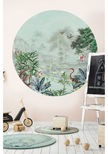 Renkli Tropikal Manzara Yuvarlak Duvar Sticker, Şık ve Doğal Dekorasyon, Salon ve Oturma Odası