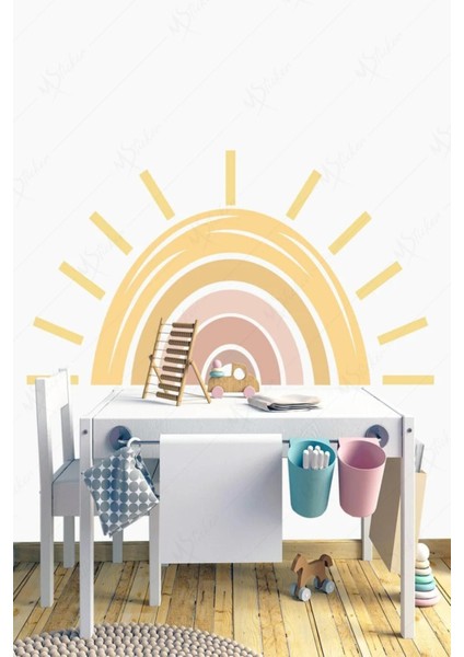 Renkli Güneş ve Gökkuşağı Çocuk Odası Stickeri, Eğlenceli Dekorasyon, Çok Renkli