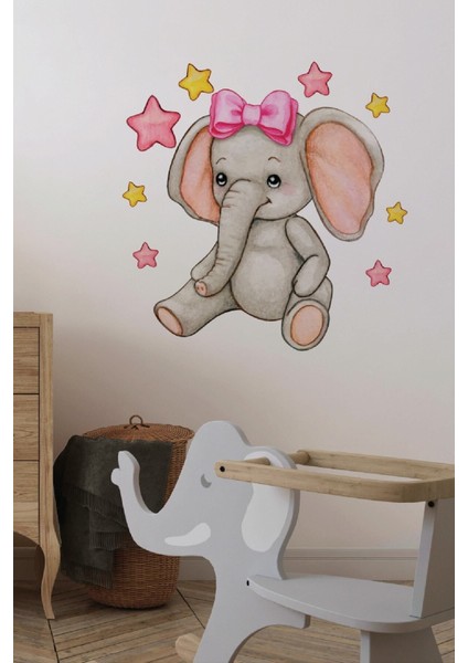 Pembe Kurdeleli Fil ve Yıldızlar Duvar Süsü, Bebek ve Çocuk Odası Dekorasyonu