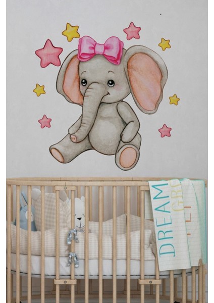 Pembe Kurdeleli Fil ve Yıldızlar Duvar Süsü, Bebek ve Çocuk Odası Dekorasyonu fiyatları