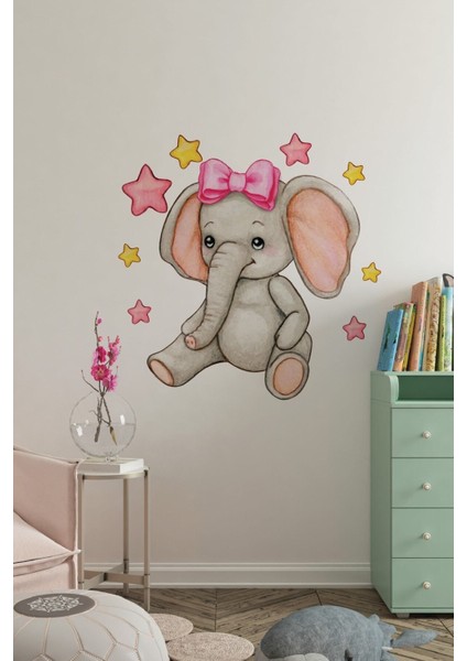 Pembe Kurdeleli Fil ve Yıldızlar Duvar Süsü, Bebek ve Çocuk Odası Dekorasyonu modelleri