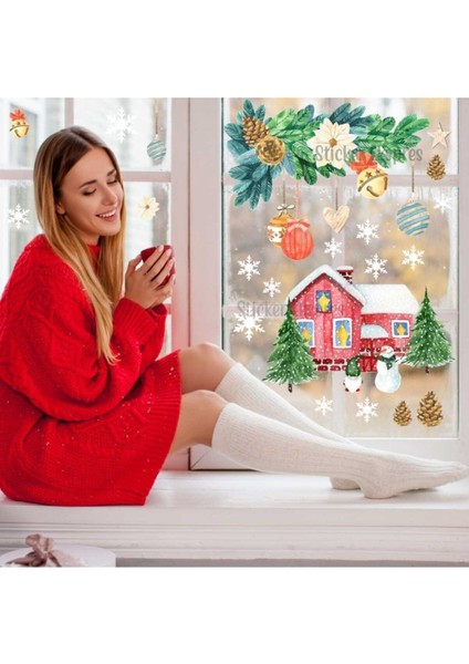 Yapraklı Süs ve Karlı Ev Yılbaşı Yeni Yıl Temalı Cam Duvar Kapı Sticker Seti