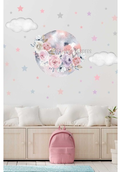 Rüya gibi çocuk odası duvar sticker seti, renkli, bulut, yıldız ve ay detaylarıyla