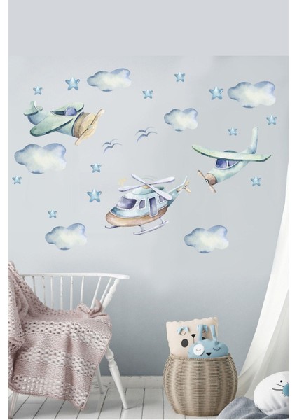 Renkli Uçaklar ve Bulutlar Duvar Sticker Seti - Çocuk Odası Dekorasyonu