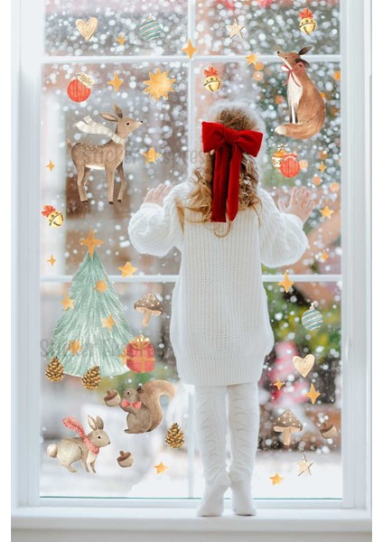 Çam Ağacı ve Hayvanlar Yılbaşı Yeni Yıl Temalı Cam Duvar Kapı Sticker Seti