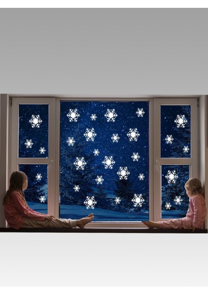 Beyaz Kar Tanesi Transferli Cam ve Mobilya Stickerleri, Yılbaşı Teması, Düz Desen
