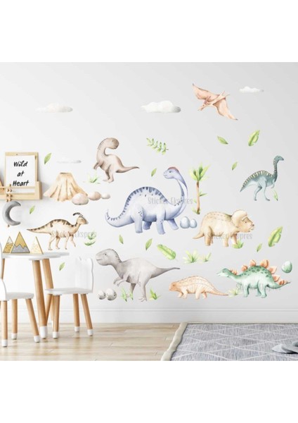 Renkli Dinozorlar Çocuk Odası Duvar Sticker Seti, Eğlenceli ve Şık Dekorasyon, 5+ Parça