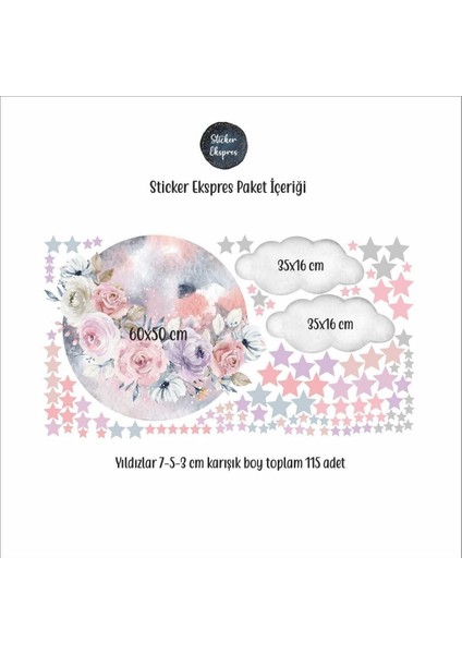 Rüya gibi çocuk odası duvar sticker seti, renkli, bulut, yıldız ve ay detaylarıyla modelleri