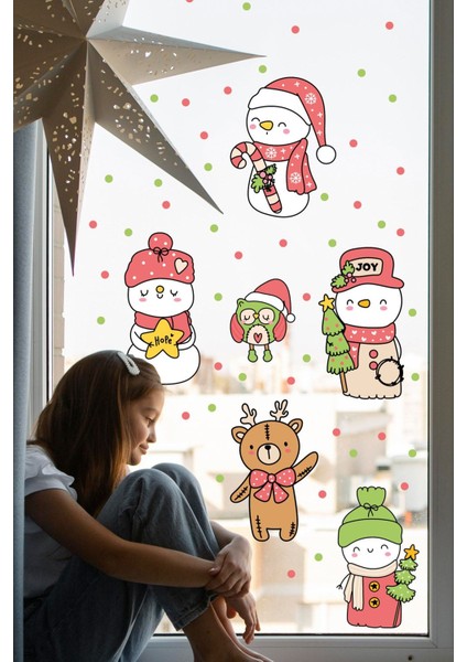 Renkli Kardan Adamlar Yılbaşı Cam Duvar Sticker, Çocuk Odası Dekoru, SM201