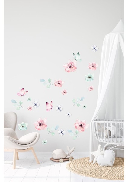 Pastel renkli çiçek ve kelebek duvar sticker seti, çocuk odası şık dekor.