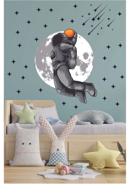 Uzayda Basketbol Oynayan Astronot ve Yıldızlar Çocuk Bebek Odası Duvar Kağıdı Aksesuarları Stickerı